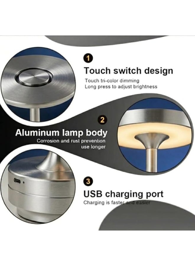 zentora 2 Pack Cordless LED Table Lamp, 4000mAh Rechargeable Battery Operated Mini Bedside Lamp, 3-Level Brightness, Portable for Dining Table, Bar & Outdoor Use (Silver) - Image 4