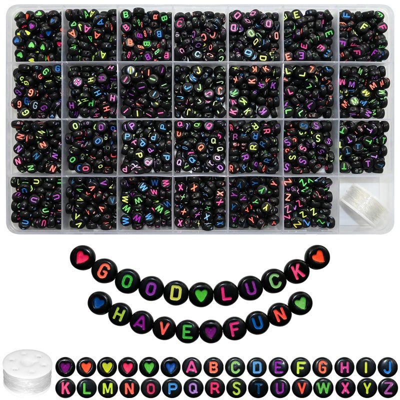 Amaney 1400 Pieces Round Alphabet Letter Beads AZ 4x7mm Black Acrylic with Colorful Letter and Crystal Line for Jewelry Making