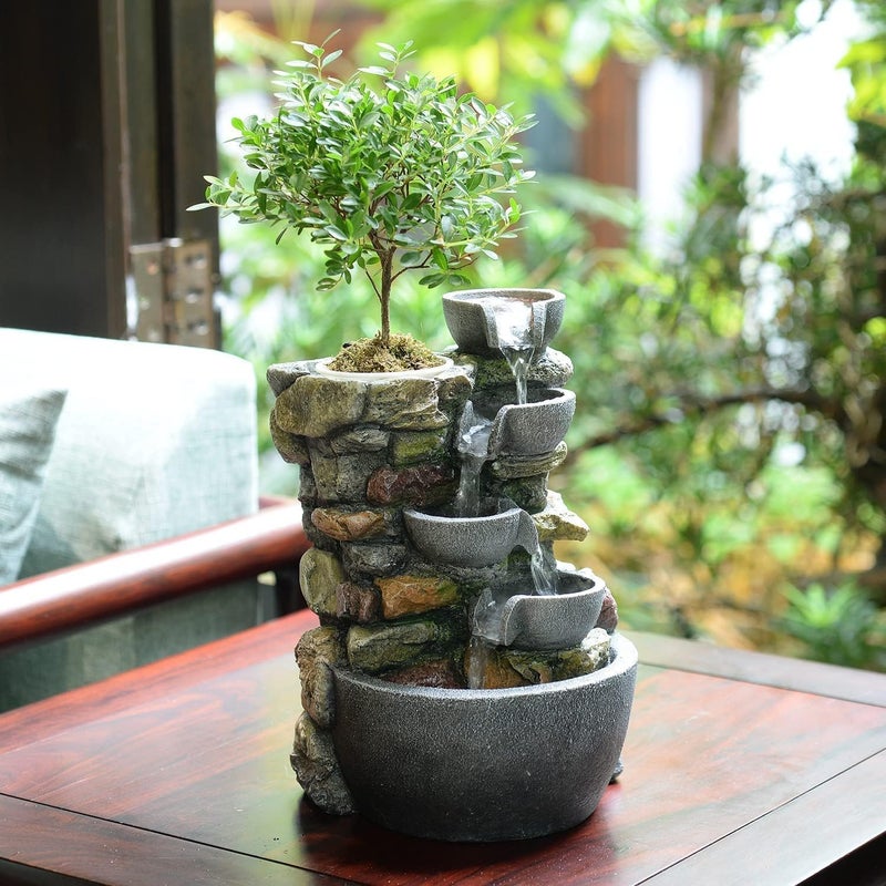 Haobos Indoor Fountain 4-Bowl Rockery Soothing Sound Tabletop Fountains Home/Office Decor Gift for Mom,Mother Day Present with A Small Plastic Pot to Grow Plant/Hebs by Yourself (Automatic Watering) - Image 1