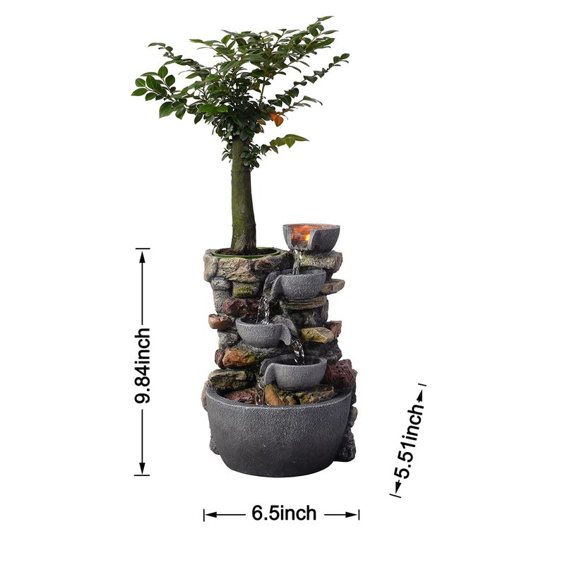 Haobos Indoor Fountain 4-Bowl Rockery Soothing Sound Tabletop Fountains Home/Office Decor Gift for Mom,Mother Day Present with A Small Plastic Pot to Grow Plant/Hebs by Yourself (Automatic Watering) - Image 5