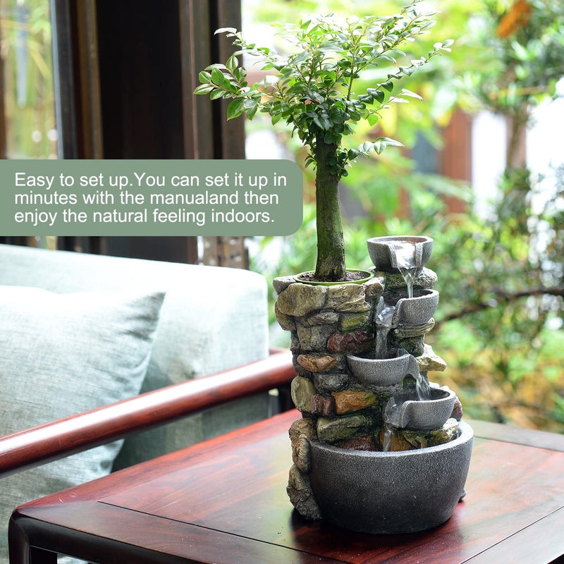 Haobos Indoor Fountain 4-Bowl Rockery Soothing Sound Tabletop Fountains Home/Office Decor Gift for Mom,Mother Day Present with A Small Plastic Pot to Grow Plant/Hebs by Yourself (Automatic Watering) - Image 4
