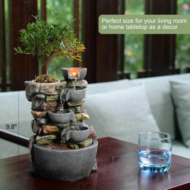 Haobos Indoor Fountain 4-Bowl Rockery Soothing Sound Tabletop Fountains Home/Office Decor Gift for Mom,Mother Day Present with A Small Plastic Pot to Grow Plant/Hebs by Yourself (Automatic Watering) - Image 3