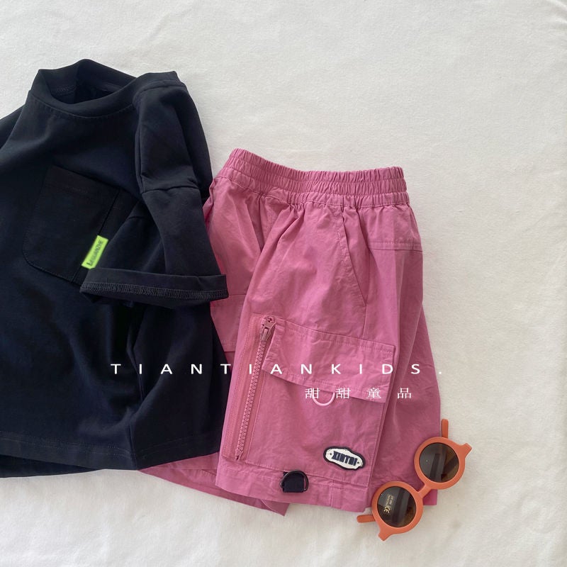 [Small And Middle Children] Cool Solid Color Breathable Overalls Boys Pink Shorts Summer Female Bao Foreign Style Korean Version - Image 4