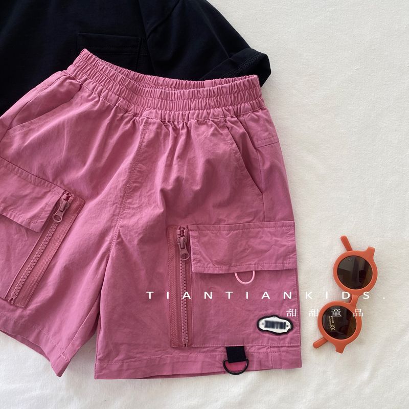 [Small And Middle Children] Cool Solid Color Breathable Overalls Boys Pink Shorts Summer Female Bao Foreign Style Korean Version - Image 2