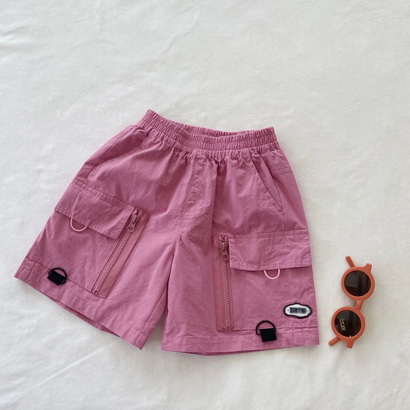 [Small And Middle Children] Cool Solid Color Breathable Overalls Boys Pink Shorts Summer Female Bao Foreign Style Korean Version - Image 1