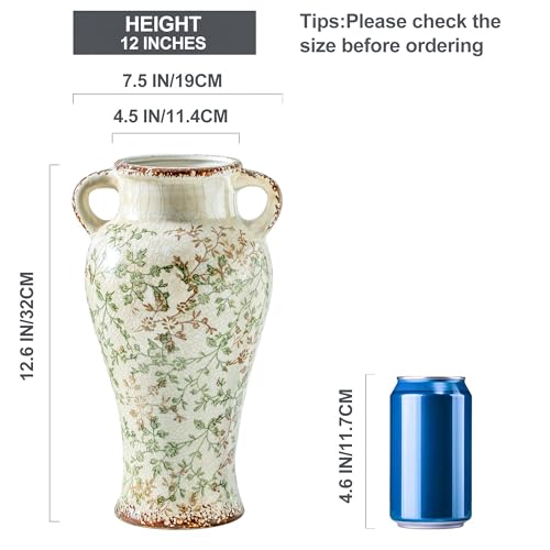 Enra 12.6" Farmhouse Ceramic Vase with Double Handles, Chinoiserie Green Beige Floral Vase, Large Vintage Rustic Vase for Home Decor Living Room Centerpiece, Housewarming Wedding Gift - Image 2