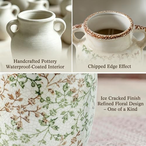Enra 12.6" Farmhouse Ceramic Vase with Double Handles, Chinoiserie Green Beige Floral Vase, Large Vintage Rustic Vase for Home Decor Living Room Centerpiece, Housewarming Wedding Gift - Image 3