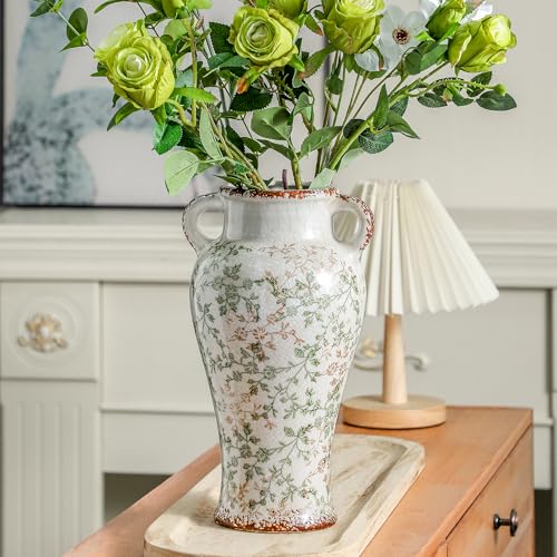 Enra 12.6" Farmhouse Ceramic Vase with Double Handles, Chinoiserie Green Beige Floral Vase, Large Vintage Rustic Vase for Home Decor Living Room Centerpiece, Housewarming Wedding Gift - Image 5
