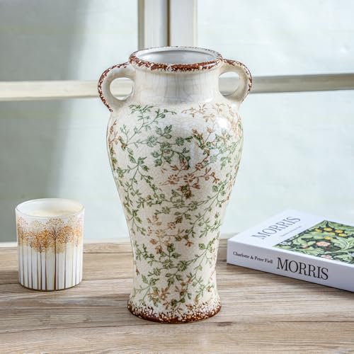 Enra 12.6" Farmhouse Ceramic Vase with Double Handles, Chinoiserie Green Beige Floral Vase, Large Vintage Rustic Vase for Home Decor Living Room Centerpiece, Housewarming Wedding Gift - Image 4