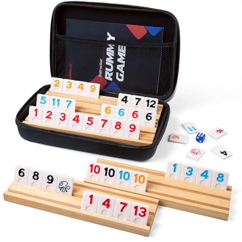 ELONGDI Rummy Cube Game Set with 4 Wooden Racks106 Rummy Tiles and Portable CaseClassic Travel Board Games for Family Adults and Kids - Image 1