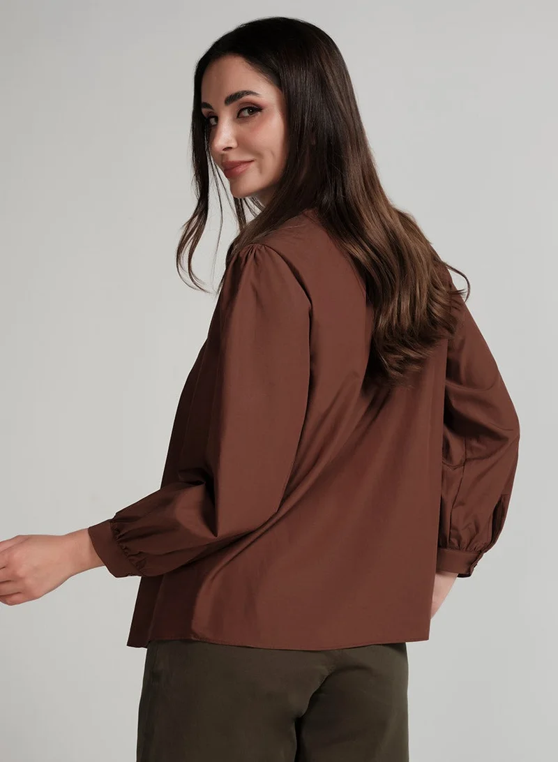 Zigzag Front Pintucked Round Neck Brown Top