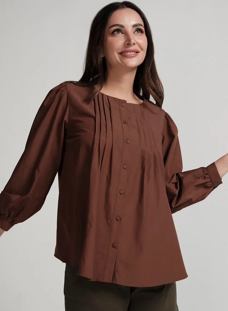 Zigzag Front Pintucked Round Neck Brown Top