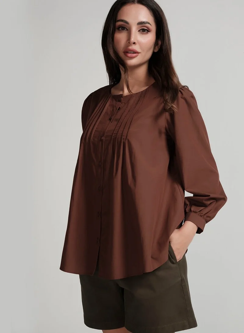 Zigzag Front Pintucked Round Neck Brown Top