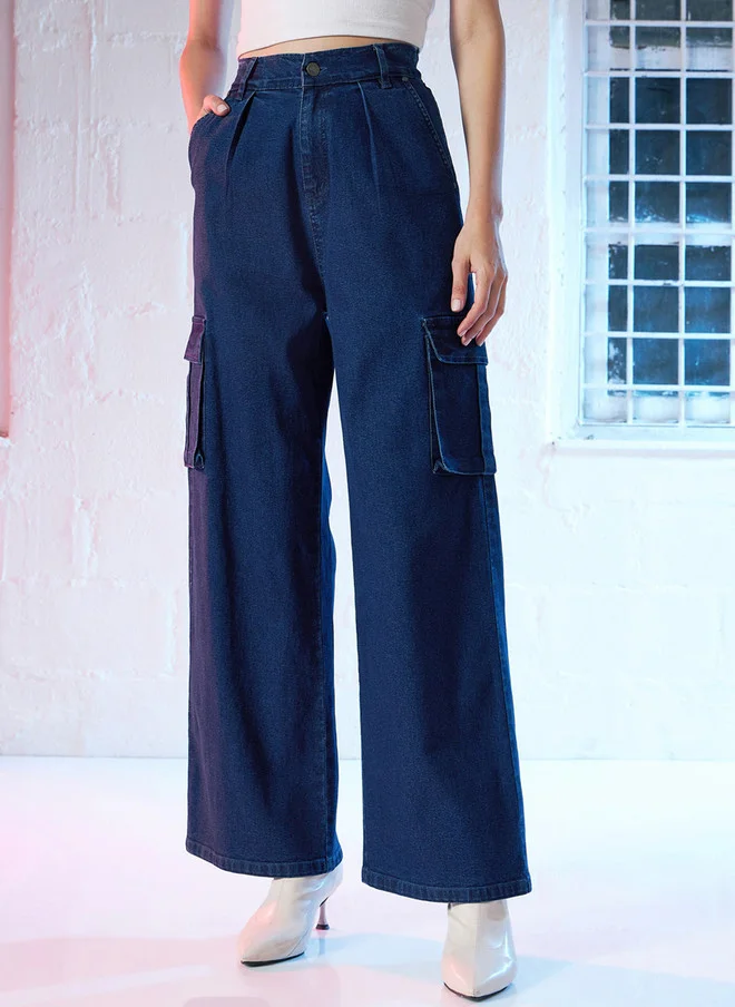 Blue High-Rise Stretchable Cargo Jeans for Women