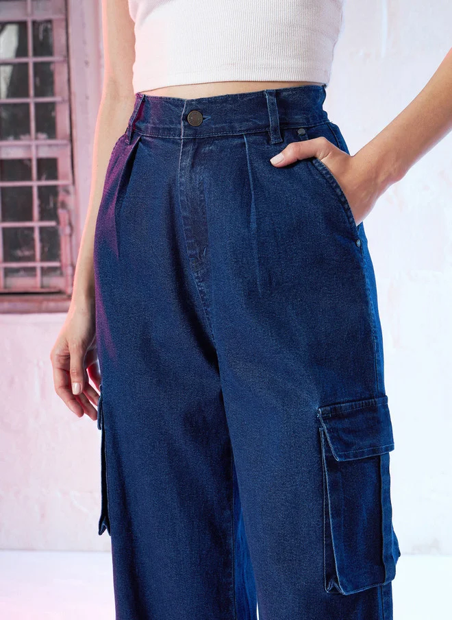 SASSAFRAS  Blue High-Rise Stretchable Cargo Jeans for Women  | Best Price UAE