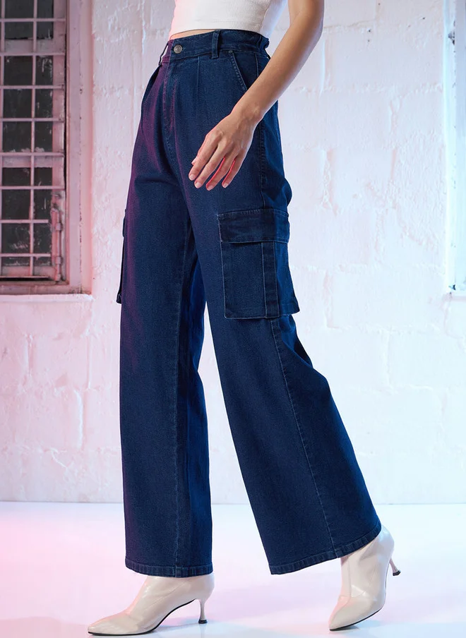 SASSAFRAS  Blue High-Rise Stretchable Cargo Jeans for Women  | Best Price UAE