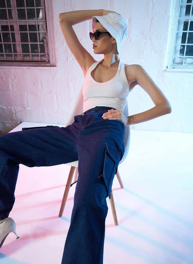 SASSAFRAS  Blue High-Rise Stretchable Cargo Jeans for Women  | Best Price UAE