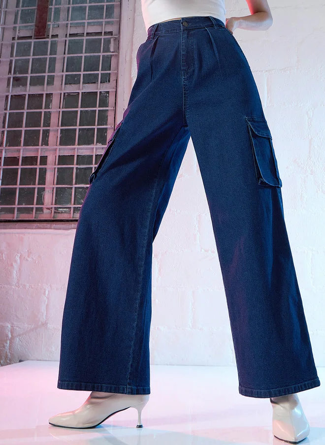 SASSAFRAS  Blue High-Rise Stretchable Cargo Jeans for Women  | Best Price UAE