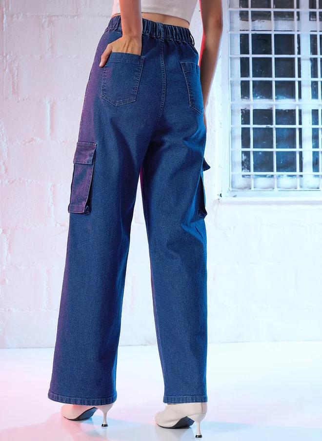 SASSAFRAS  Blue High-Rise Stretchable Cargo Jeans for Women  | Best Price UAE