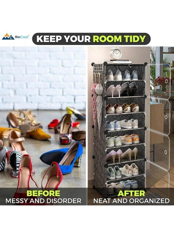 WeCool SR-B8 Upgraded Shoe Rack for Home Plastic, Portable Shoe Rack with Dustproof Door for Heels/Slippers/Boots, 8-Layer Shoe Storage Cabinet with Hooks for Entryway or Bedroom - Black, Cm - Image 2