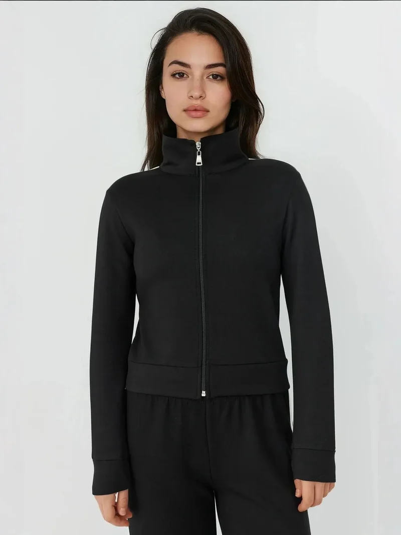 Hiccup Black Soft Touch Modal Stand Collar Sports Jacket for Women | Best Price UAE