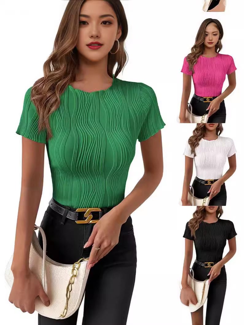 New 2024 Summer Ol Temperament Collage Pullover Round Neck Slim Women'S T-Shirt Agent - Image 2