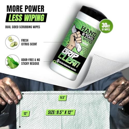 Grip Clean Heavy Duty Hand & Tool Cleaning Wipes – Waterless Hand Cleaner for Mechanics, Garage & Shop Use – Dual-Sided Grease, Oil & Paint Remover Wipes with Citrus Scent - 30ct - Image 4