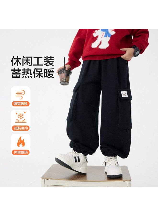 Boys' Autumn And Winter Black Straight-leg Fleece-lined Cargo Sweatpants  New Thickened Windproof Sports Pants For Children