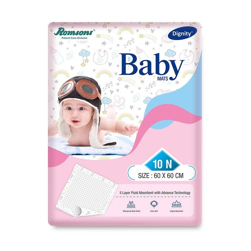 dignity Disposable Baby Changing Mats with 5 Layer Fluid Absorbent and Extra Soft, 60 x 60 cm, (Pack of 1) 10 Pieces - Image 1
