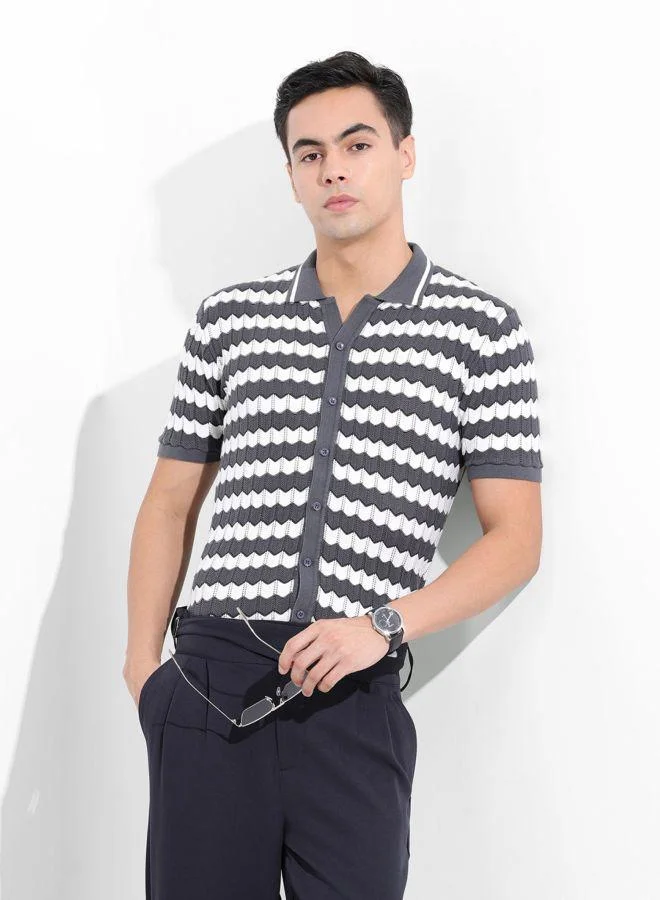 The Indian Garage Co Men Slim Fit Textured Polo Collar Half Sleeves Shirt