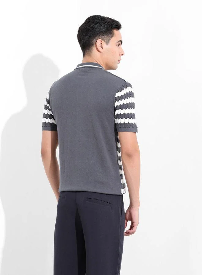 The Indian Garage Co Men Slim Fit Textured Polo Collar Half Sleeves Shirt