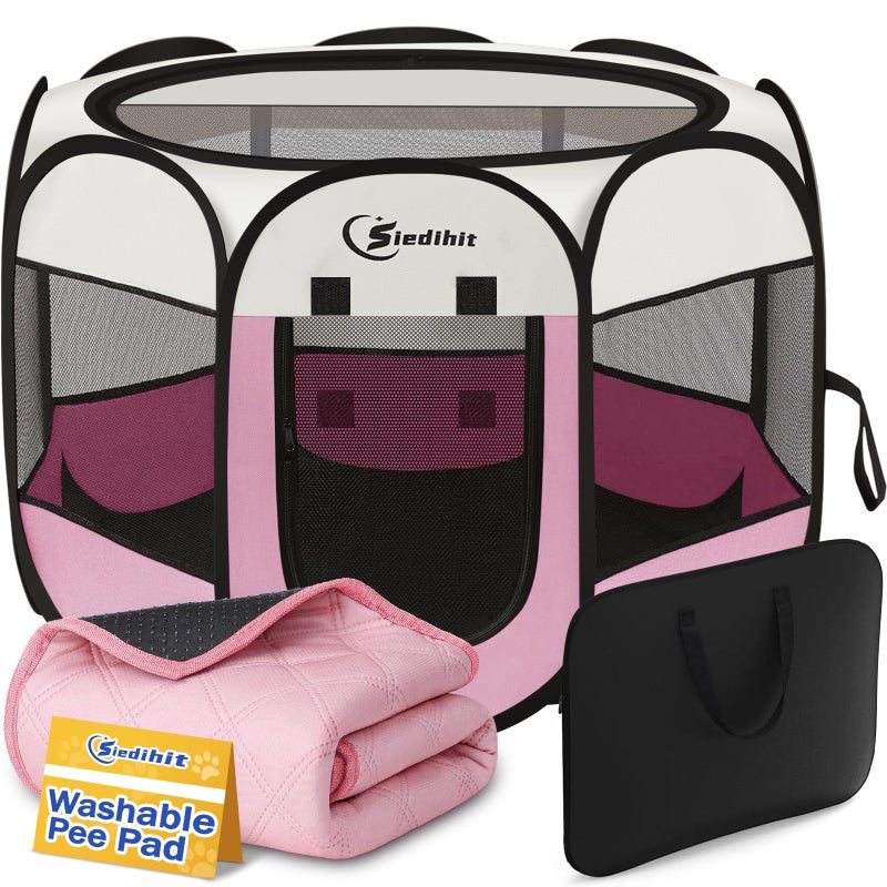 Siedihit Dog Cat Playpen, Puppy Pet Playpen Indoor for Small Dog Crate Tent Cage Outdoor, Portable Pop Up Dogs Enclosure Kennel with Carrying Case for Dogs/Cats/Rabbits(Pink, Small with pad) - Image 1