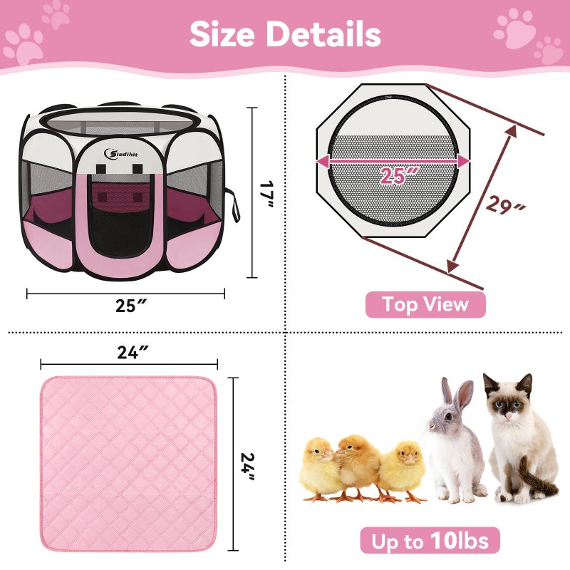 Siedihit Dog Cat Playpen, Puppy Pet Playpen Indoor for Small Dog Crate Tent Cage Outdoor, Portable Pop Up Dogs Enclosure Kennel with Carrying Case for Dogs/Cats/Rabbits(Pink, Small with pad) - Image 3