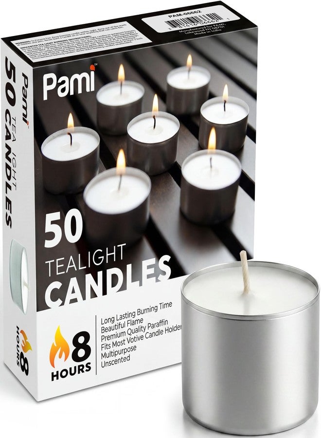 PAMI Premium Long-Lasting with 8 Hours Burning Time Unscented Round Tealight Candles [50-Pack] - Paraffin Tealights with Beautiful Flame- Perfect for Votive Candle Holders - Image 1