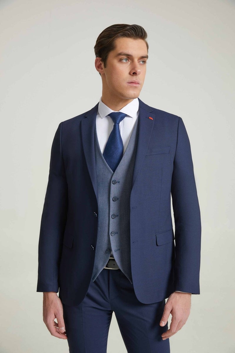 twn Slim Fit Navy Blue Dobby Mono Collar Viscose Suit Combined  - Image 1