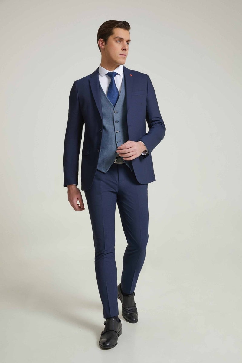twn Slim Fit Navy Blue Dobby Mono Collar Viscose Suit Combined  - Image 2