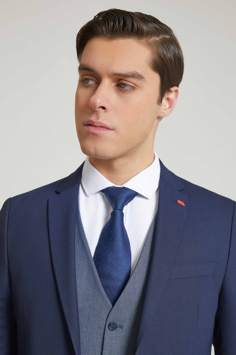 twn Slim Fit Navy Blue Dobby Mono Collar Viscose Suit Combined  - Image 3