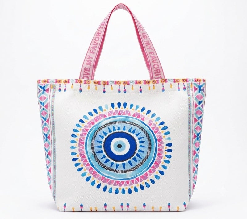 Evil Eye Medium Beach Bag – Graphic Print – White – 45 × 40 cm - Image 1