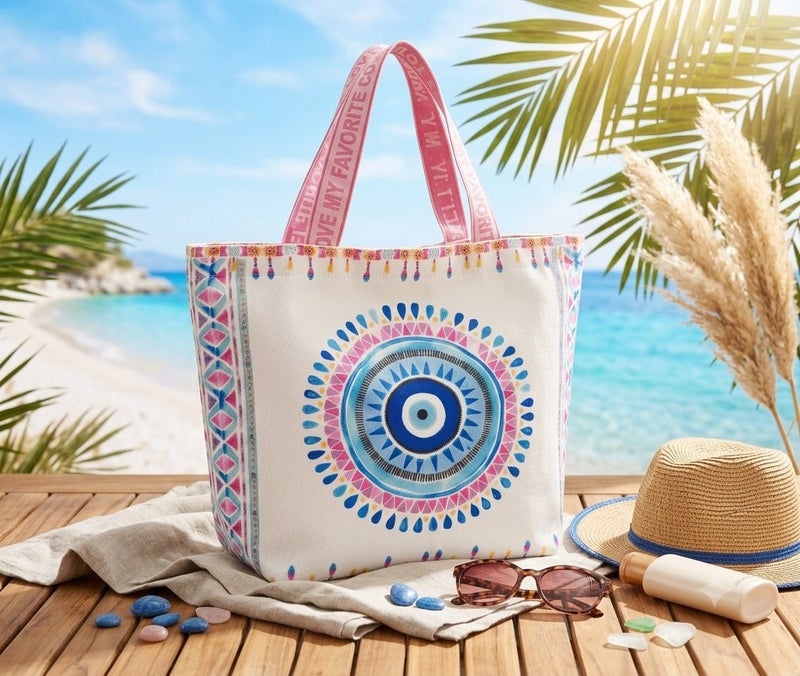 Evil Eye Medium Beach Bag – Graphic Print – White – 45 × 40 cm - Image 2