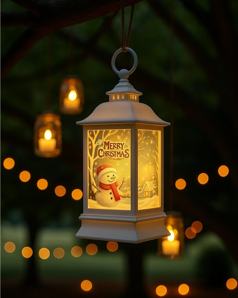 LABZIO Square Lantern Lamp Small Antique | Battery Operated LED Hanging Lantern for Indoor & Outdoor Use | Flameless & Smokeless Acrylic Tent Light | Christmas Snowman White 6X14 Cm - Image 1
