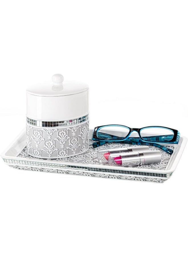 Creative Scents Mirror Damask Qtip Holder  Decorative Qtip Holder Canister Jar Durable Cotton Swab Ball HolderContainer  Bathroom Vanity Accessories Gray  White - Image 3