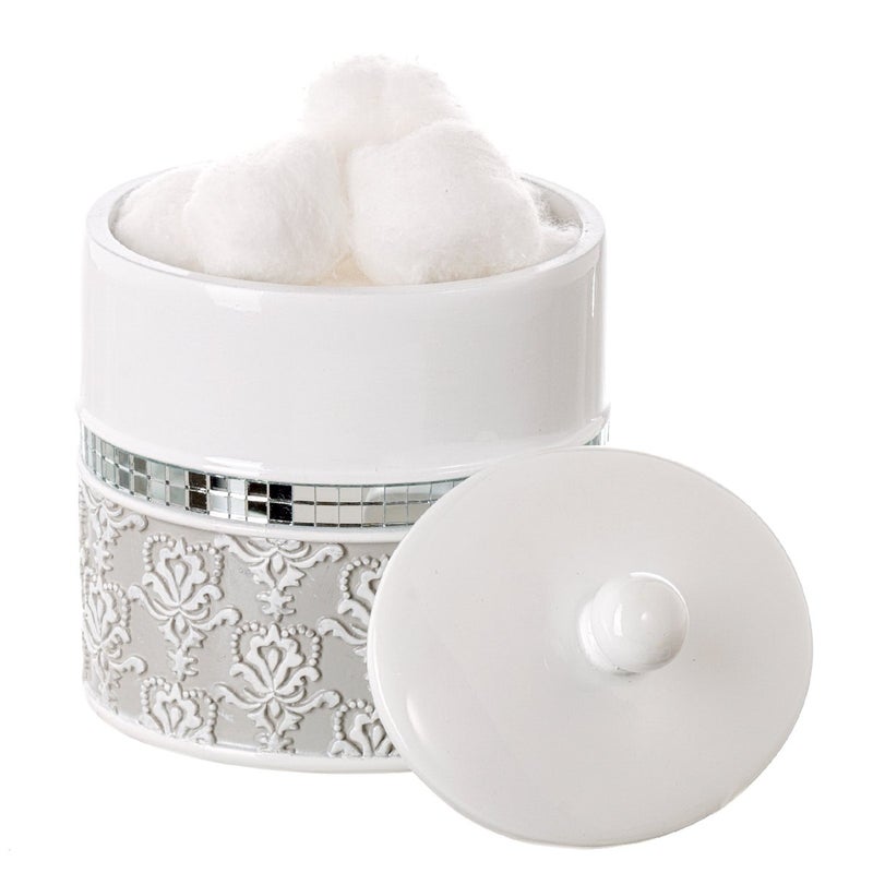Creative Scents Mirror Damask Qtip Holder  Decorative Qtip Holder Canister Jar Durable Cotton Swab Ball HolderContainer  Bathroom Vanity Accessories Gray  White - Image 1