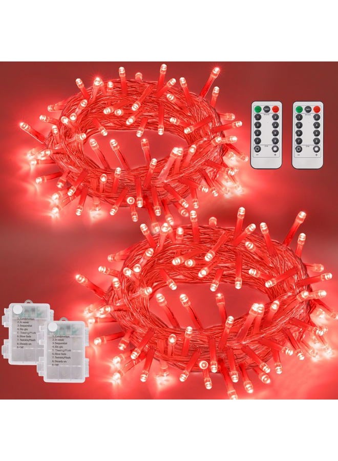 YEGUO Halloween Lights Battery Operated, 2 Pack Each 33ft 100 LED Red String Lights Outdoor Waterproof, Clear Wire Fairy Christmas Light Indoor with Remote - Image 1