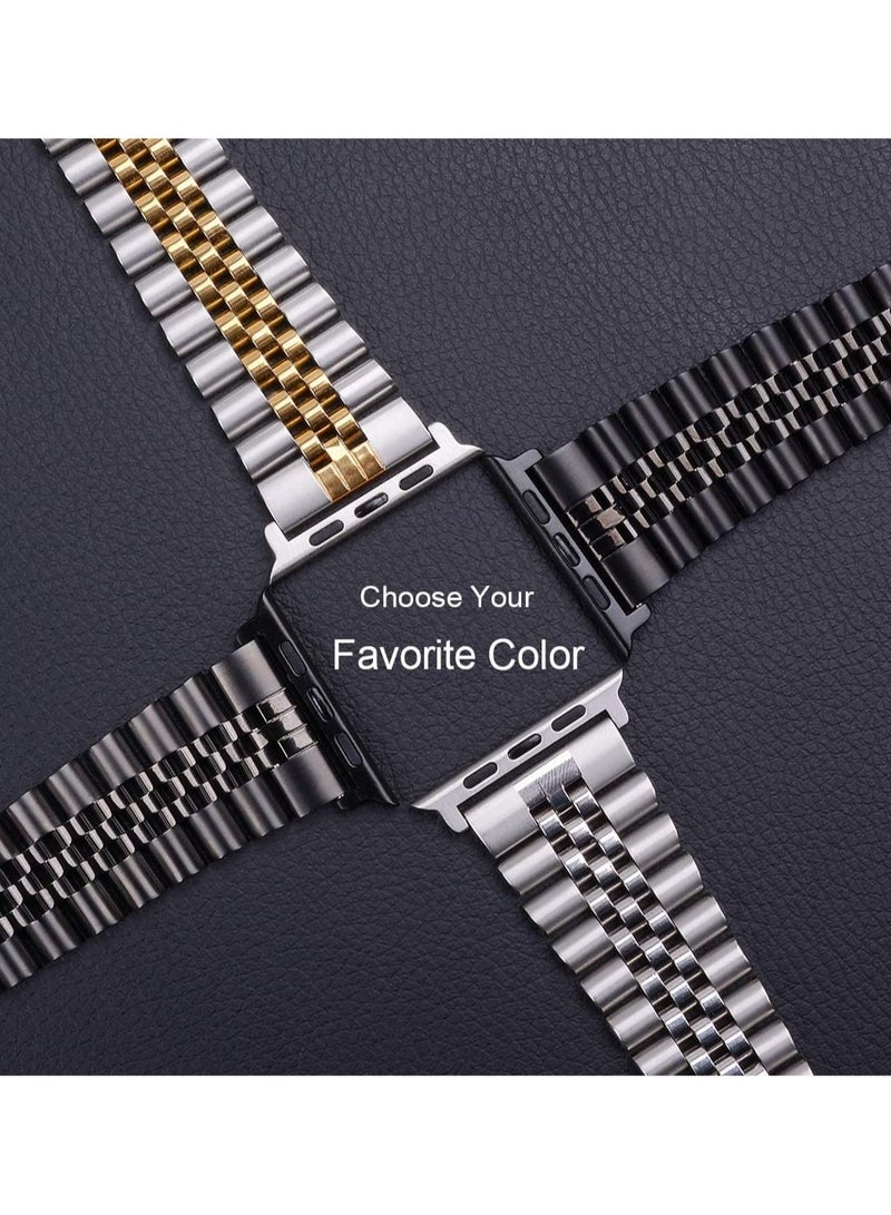 Compatible with Apple Watch Band 44mm 42mm 40mm 38mm Stainless Steel Heavy Band with Butterfly Folding Clasp Link Bracelet for iWatch Series 6/SE Series 5/4/3/2/1 Men Silver/Gold 44mm/42mm - Image 5