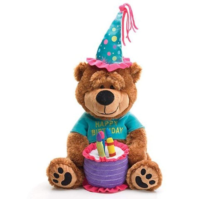BURTON Adorable Happy Birthday Teddy Bear With Cake That Plays "Happy Birthday To You"