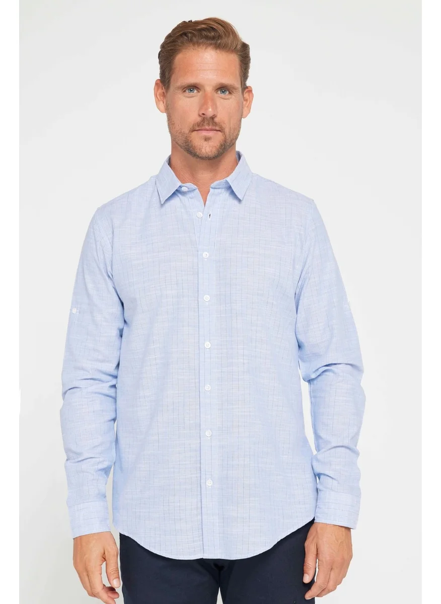 Tudors Men's Slim Fit Slim Fit Long Sleeve Cotton Linen Texture Striped Shirt