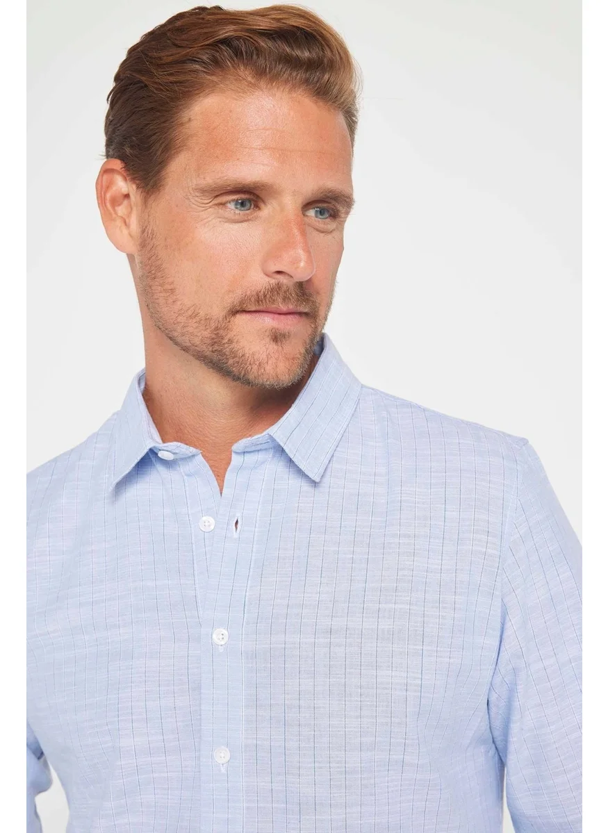 Tudors Men's Slim Fit Slim Fit Long Sleeve Cotton Linen Texture Striped Shirt