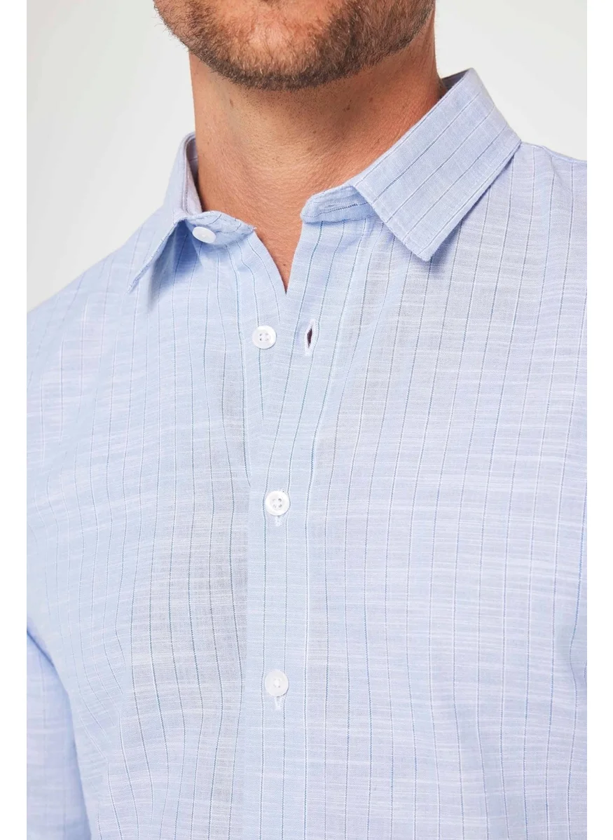 Tudors Men's Slim Fit Slim Fit Long Sleeve Cotton Linen Texture Striped Shirt