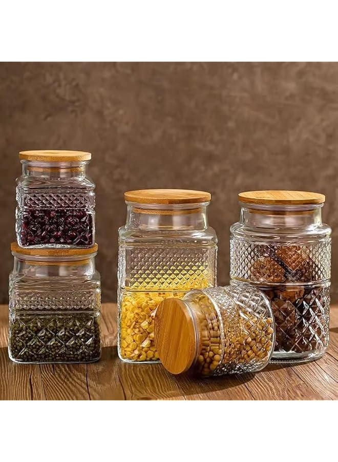 إكسفور مرطبان زجاجي متوسط الحجم محكم الإغلاق، سعة 1200 مل، مع غطاء من الخيزران، بتصميم منقوش، مثالي لتخزين الدقيق والحبوب وحبوب البن والمعكرونة والشاي في المطبخ. - Image 5