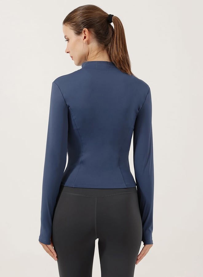 Locachy Women's Lightweight Stretchy Workout Full Zip Running Track Jacket with Thumb Holes, Navy Blue, M - Image 2
